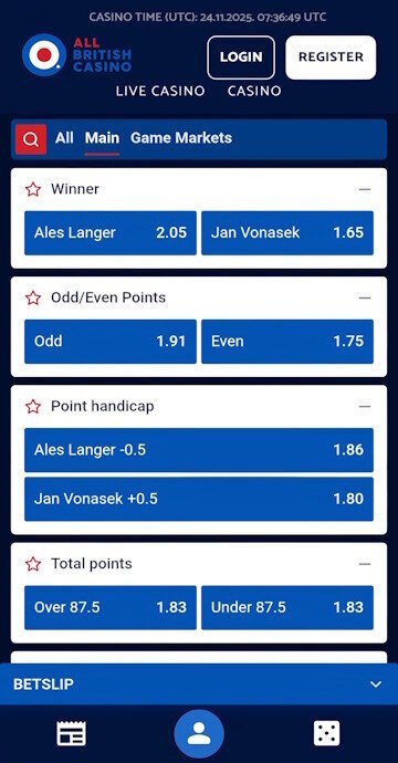 All British Sports table tennis live betting markets overview