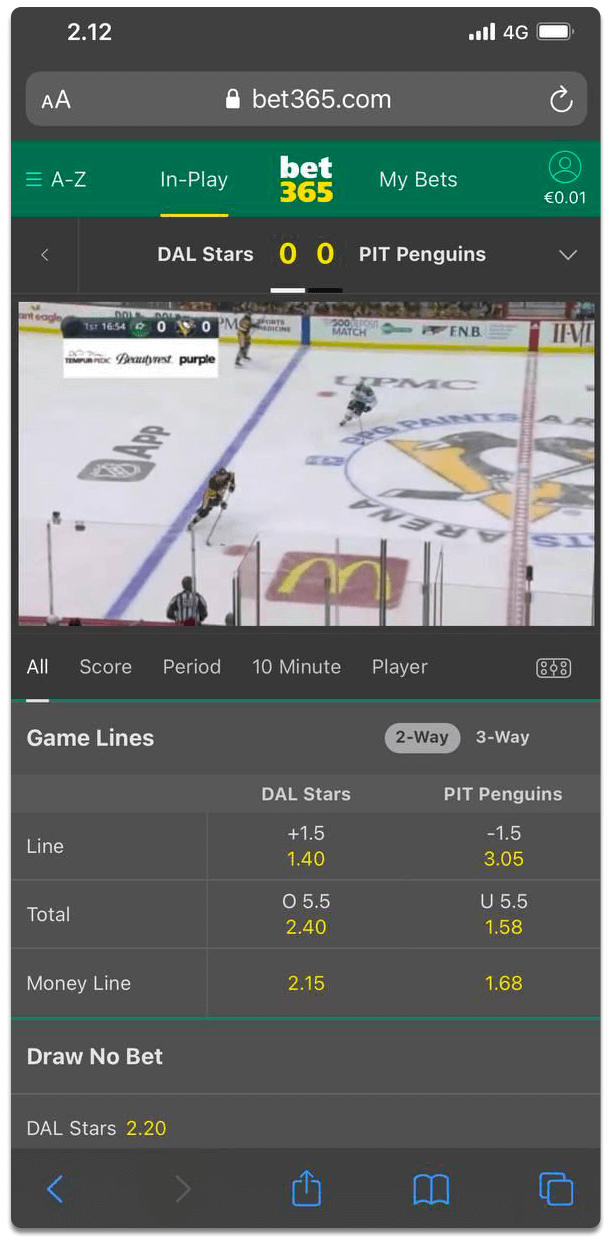 Tältä näyttää NHL live stream Bet365:llä mobiilissa