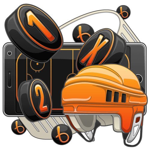 Illustration of NHL betting with hockey helmet, pucks, and a smartphone