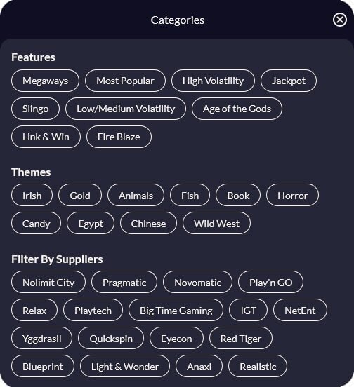 Betano Casino's game categories