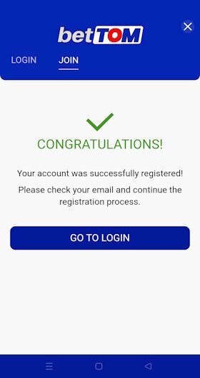 Last step of BetTOM sign up process