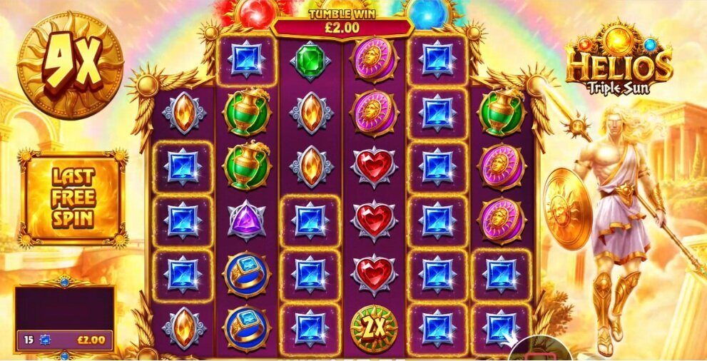 Helios – Triple Sun free spins showing expanded reels, a 4x total multiplier and a 2x multiplier symbol