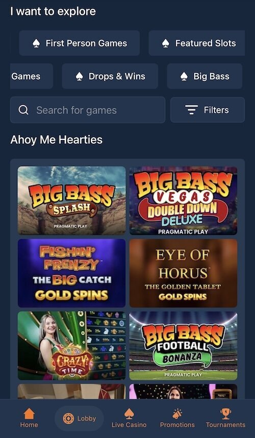 Game lobby and categories at BetAhoy