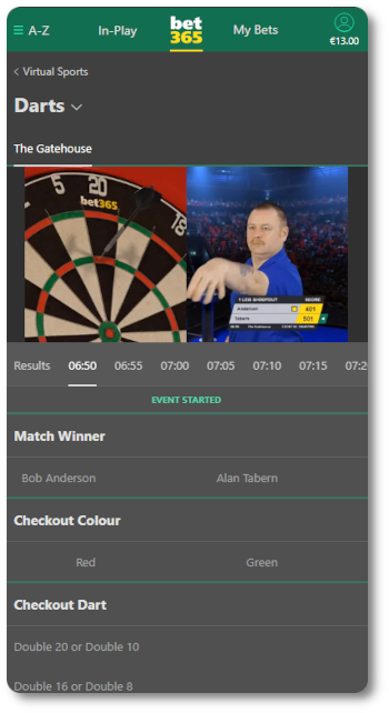 This is what Bet365 virtual darts like on mobile