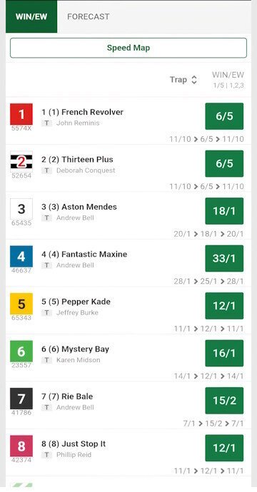 Unibet odds view for an upcoming greyhound race