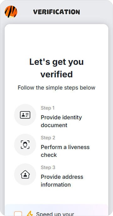 A screenshot from Happy Tiger's KYC verification page on mobile