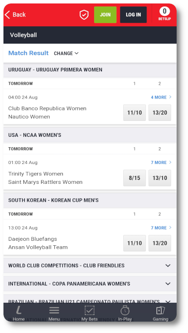 This is what Ladbrokes Volleyball betting looks like on mobile