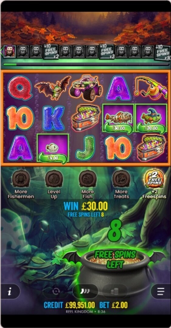 Big Bass Halloween Splash 1000 mobile free spins showing the fisherman collection meter and active +2 Spins upgrade