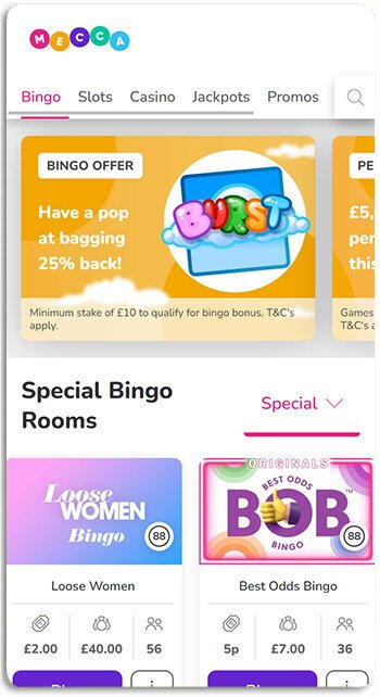 How Mecca Bingo mobile bingo app looks on a phone