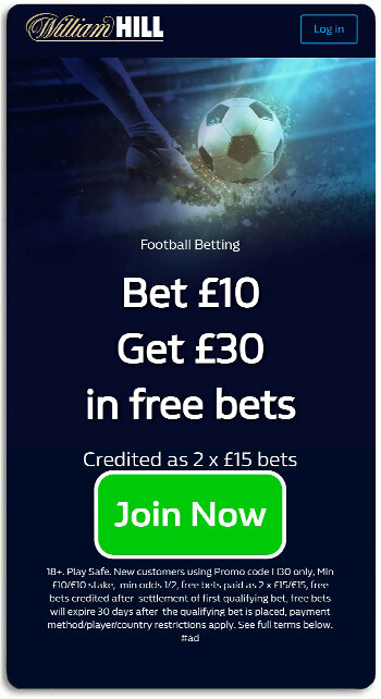 This is what William Hill free bet offer looks like on mobile