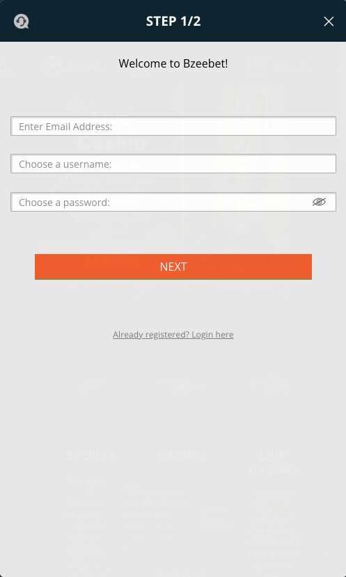 Create an account on BZeebet