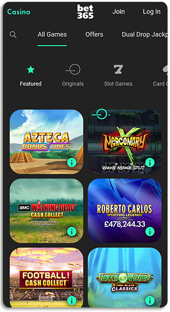 Bet365 mobile casino is dark and clean