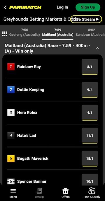 Parimatch greyhound race odds displayed in the sportsbook