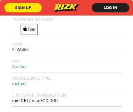 Apple Pay as a payment method on Rizk Casino