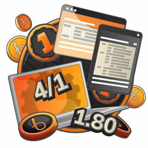 An illustration featuring betting odds displays, Bojoko coins, and betting slips with odds of 4/1 and 1.80, surrounded by an orange border.