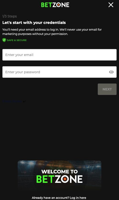 Create an account at Betzone
