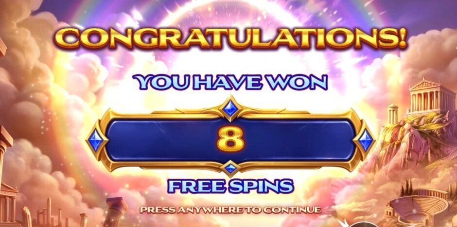 Helios – Triple Sun bonus screen announcing eight free spins against a Greek mythology backdrop