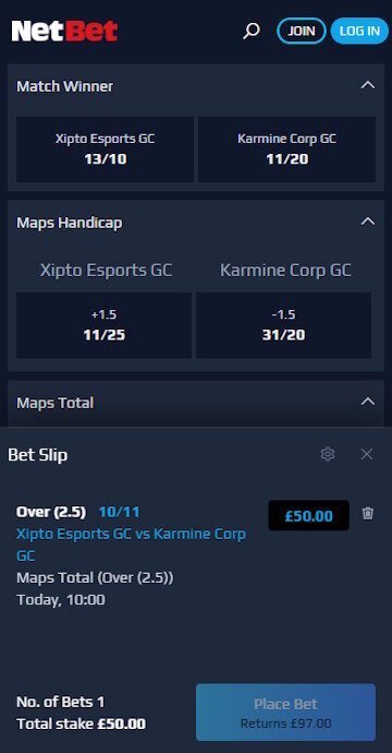 NetBet bet slip screenshot with a confirmed Valorant wager