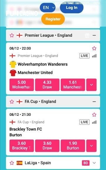 Funs Sports markets and odds