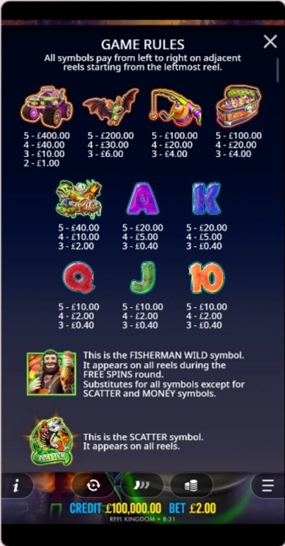 Big Bass Halloween Splash 1000 mobile paytable showing symbol payouts in pounds and the Fisherman Wild and Scatter rules
