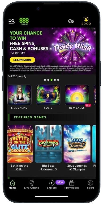 Play on 888Casino mobile app