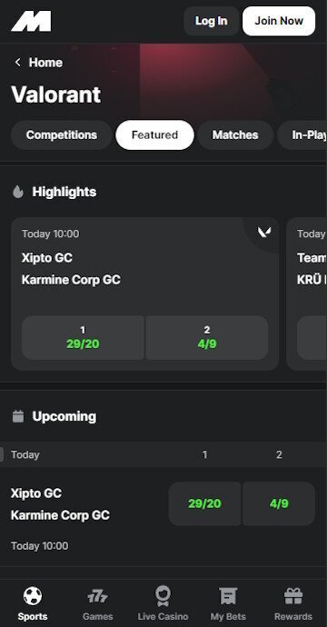 Midnite esports interface showing the Valorant tab