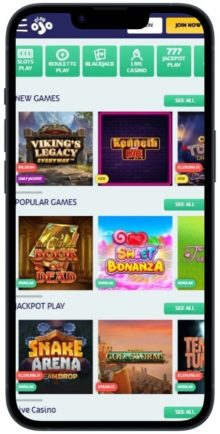 Screenshot of different game types on PlayOJO Casino
