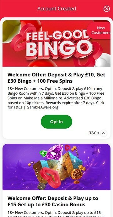 Screenshot from Heart Bingos bonus selection page