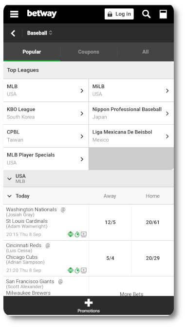 This is what Betway MLB looks like on mobile