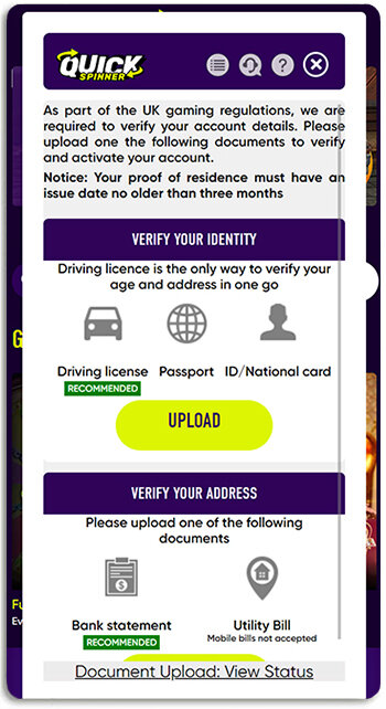 QuickSpinner Casino lets you manually upload documents
