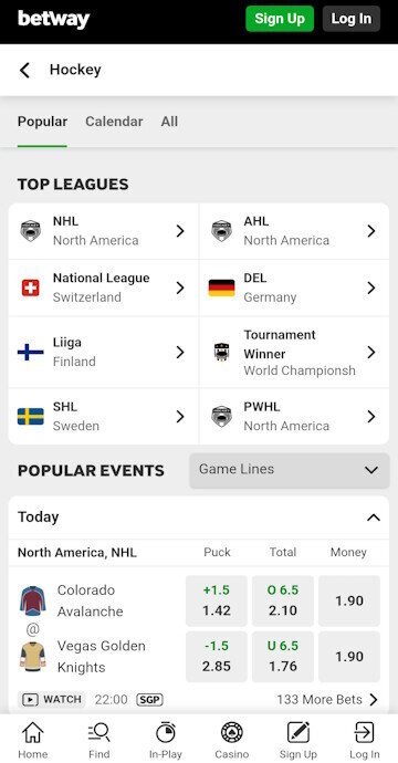  Start Ice Hockey betting from hockey menu