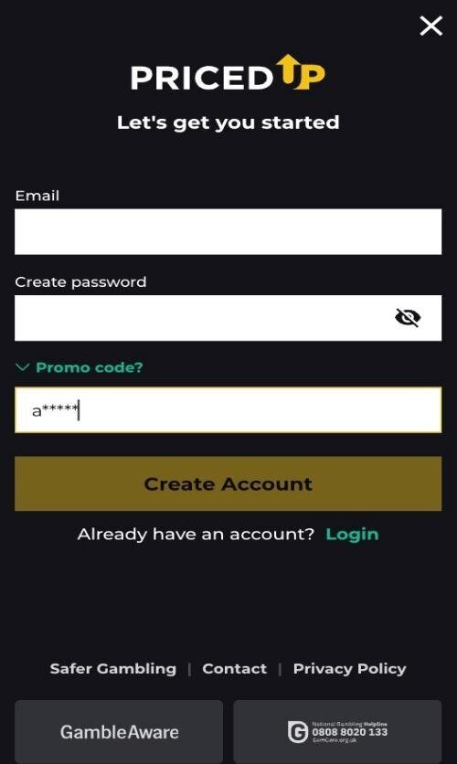 PricedUp sign up step 1