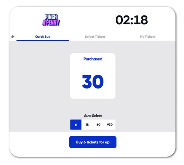 Screenshot showing bingo tickets purchased at 1p each