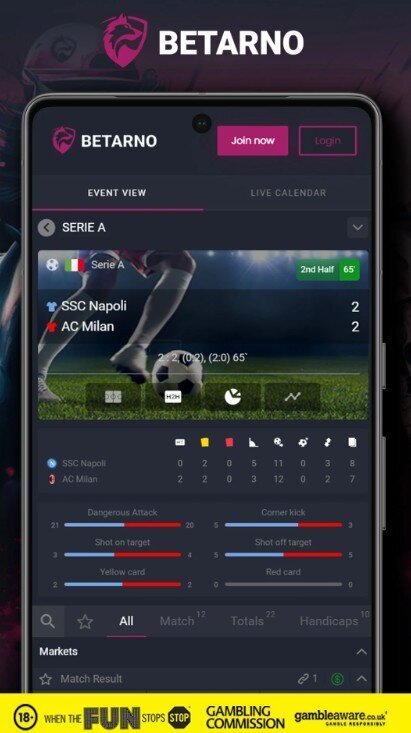 Serie A betting app showing Napoli vs Milan odds