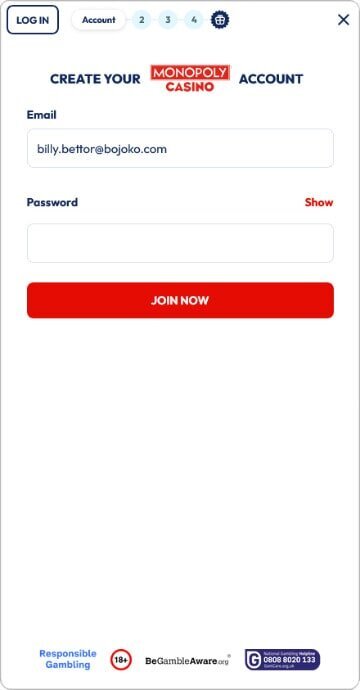 Monopoly Casino sign up form