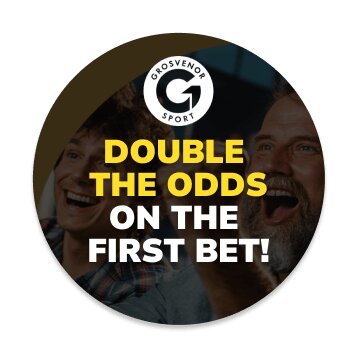 Grosvenor Sport logo ball with the offer text "Double the odds on the first bet!"