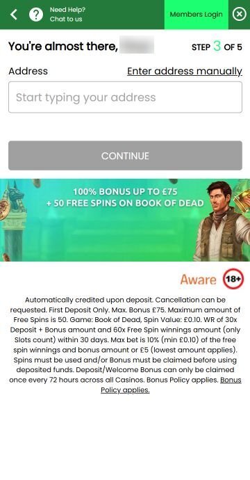 Add your address during Swift Casino registration