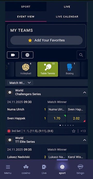 MogoBet table tennis live betting odds screen