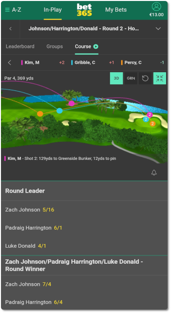 This is what Bet365 golf in-play betting looks like on mobile
