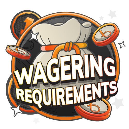 An illustration of a bag of playing chips and a text wagering requirements