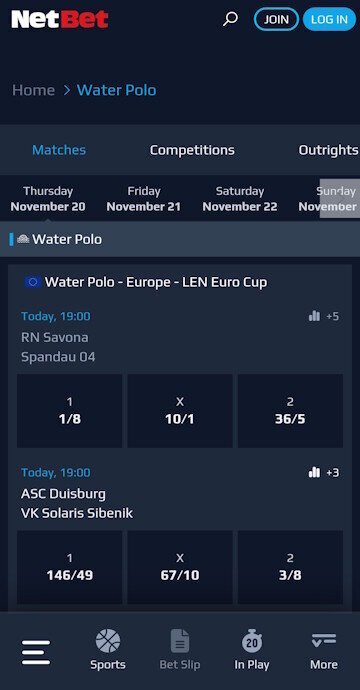 Image of Netbet water polo betting markets
