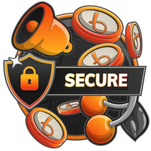 An illustration with a shield with a lock icon and the word 'Secure' in bold, surrounded by Bojoko coins and a megaphone, with an orange border