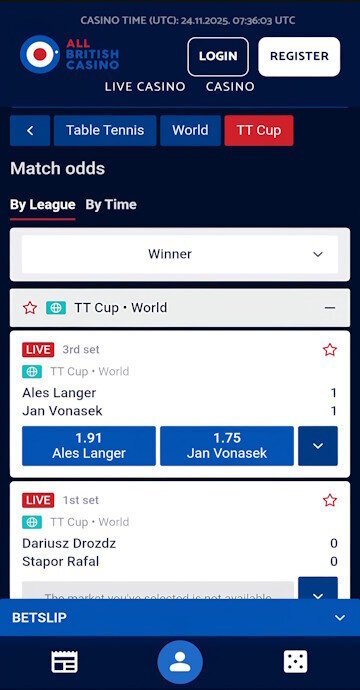All British Sports table tennis live odds screen.
