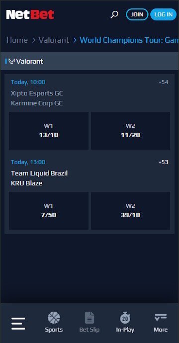 NetBet esports hub showing the Valorant category