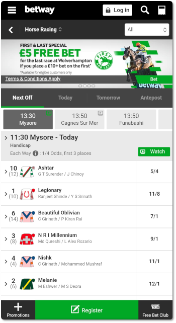 This is what Betway horse racing betting looks like on mobile