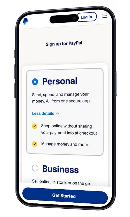 A screenshot of PayPal's sign up page on mobile