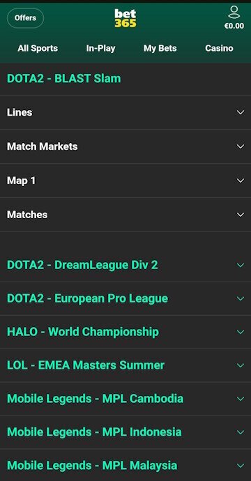 Start Dota 2 betting from esports menu