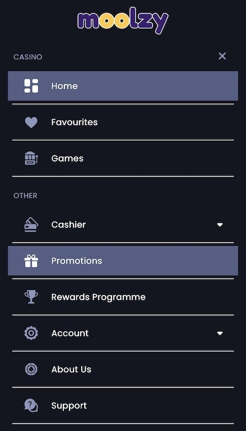 Mobile casino site at Moolzy