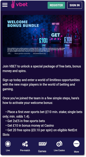 This is what Vbet sign up offer looks like