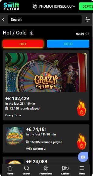 Casino games on mobile at Swift Casino